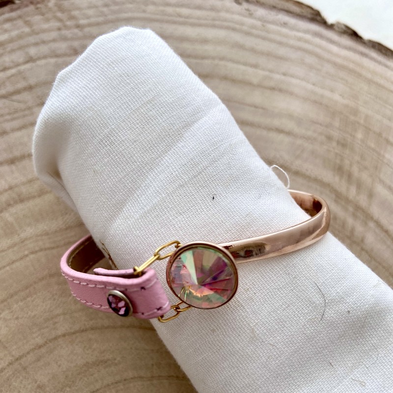 BRACELET "SULLY" CUIR LAITON ET STRASS ROSE