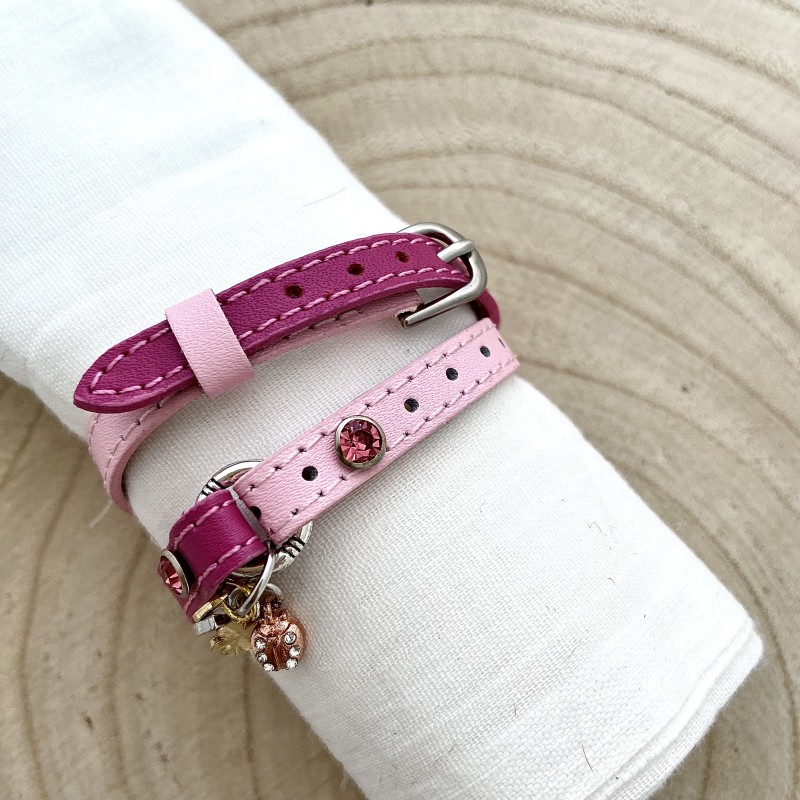 DOUBLE BRACELET BICOLORE CUIR FUSHIA ET ROSE AVEC STRASS