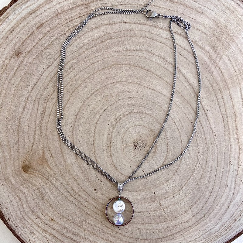 COLLIER DOUBLE CHAINE ACIER INOXYDABLE ET PERLE D'EAU